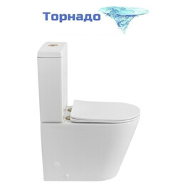 Унитаз-компакт безободковый Cezares Liner-Tor CZR-6726-CP-TOR/SC с тонкой крышкой микролифт, кнопка брашированное золото (система смыва Торнадо) - фото 