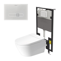 Инсталляция с подвесным безободковым унитазом Duravit D-Neo с сиденьем Sensowash и клавишей смыва белое стекло (покрытие Hygieneglaze) - фото 