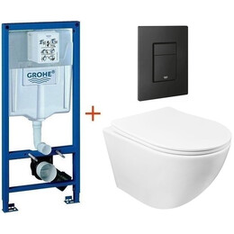 Инсталляция с подвесным унитазом комплект: Grohe Rapid SL 38772001 (КРАНЫ ЛАТУННЫЕ) с подвесным безободковым унитазом Azario Grado AZ-0046 SP сиденье микролифт, крепление, кнопка смыва чёрная матовая 38732KF0, Цвет производителя: чёрный матовый - фото 