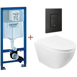 Инсталляция с подвесным унитазом комплект: Grohe Rapid SL 38772001 (КРАНЫ ЛАТУННЫЕ) с подвесным безободковым унитазом Azario Gloria AZ-2003 сиденье микролифт, крепление, кнопка смыва чёрная матовая 38732KF0, Цвет производителя: чёрный матовый - фото 