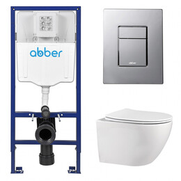 Инсталляция с подвесным унитазом комплект: Abber AC0108 с подвесным унитазом Bequem AC1100 с крышкой микролифт, кнопка смыва AC0123 хром глянцевый - фото 