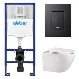 Инсталляция с подвесным унитазом комплект: Abber AC0108 с подвесным унитазом Bequem AC1100 с крышкой микролифт, кнопка смыва AC0123MB черная матовая - фото 