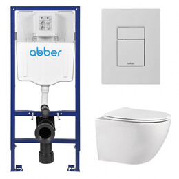 Инсталляция с подвесным унитазом комплект: Abber AC0108 с подвесным унитазом Bequem AC1100 с крышкой микролифт, кнопка смыва AC0123MW белая матовая - фото 