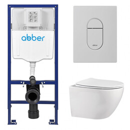 Инсталляция с подвесным унитазом комплект: Abber AC0108 с подвесным унитазом Bequem AC1100 с крышкой микролифт, кнопка смыва AC0124MW белая матовая - фото 