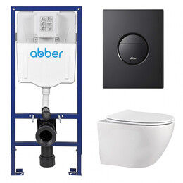 Инсталляция с подвесным унитазом комплект: Abber AC0108 с подвесным унитазом Bequem AC1100 с крышкой микролифт, кнопка смыва AC0126MB черная матовая - фото 