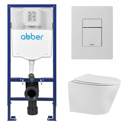 Инсталляция с подвесным унитазом комплект: Abber AC0108 с подвесным унитазом Bequem AC1102 с крышкой микролифт, кнопка смыва AC0123MW белая матовая - фото 