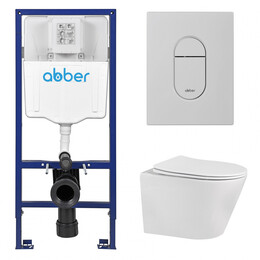 Инсталляция с подвесным унитазом комплект: Abber AC0108 с подвесным унитазом Bequem AC1102 с крышкой микролифт, кнопка смыва AC0124MW белая матовая - фото 