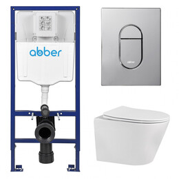 Инсталляция с подвесным унитазом комплект: Abber AC0108 с подвесным унитазом Bequem AC1102 с крышкой микролифт, кнопка смыва AC0124 хром глянцевый - фото 