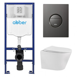 Инсталляция с подвесным унитазом комплект: Abber AC0108 с подвесным унитазом Bequem AC1102 с крышкой микролифт, кнопка смыва AC0126NG оружейная сталь - фото 
