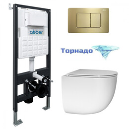 Инсталляция с подвесным унитазом комплект: Abber AC0105 с подвесным унитазом Bequem AC1132TC с крышкой микролифт, кнопка смыва AC0120MMG золото матовое (система смыва Торнадо) - фото 
