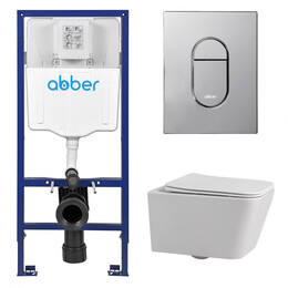 Инсталляция с подвесным унитазом комплект: Abber AC0108 с подвесным унитазом Rechteck AC1201 с крышкой микролифт, кнопка смыва AC0124 хром глянцевый - фото 