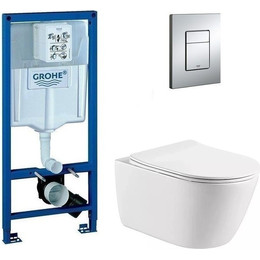 Инсталляция с подвесным унитазом комплект: Grohe Rapid SL 38772001 с подвесным безободковым унитазом Aquatek Оберон AQ1363W-00 сиденье микролифт, крепление, кнопка смыва хром - фото 