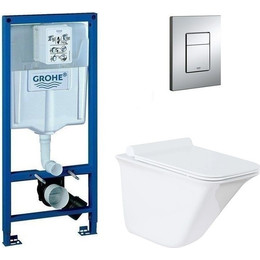 Инсталляция с подвесным унитазом комплект: Grohe Rapid SL 38772001 с подвесным безободковым унитазом Azario Felice 0054 сиденье микролифт, крепление, кнопка смыва хром - фото 
