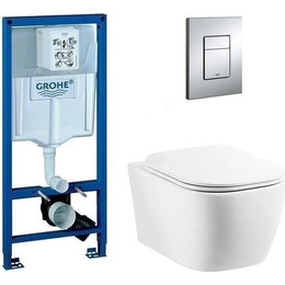 Инсталляция с подвесным унитазом комплект: Grohe Rapid SL 38772001 с подвесным безободковым унитазом Belbagno Genova BB1102CH сиденье микролифт, крепление, кнопка смыва хром - фото 