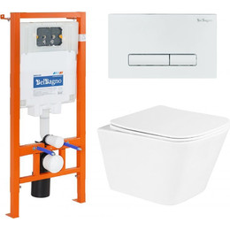 Инсталляция с подвесным безободковым унитазом BelBagno Due BB3103CHR/SC/BB002-80/BB018-GV-BIANCO (кнопка смыва Genova, белый) - фото 