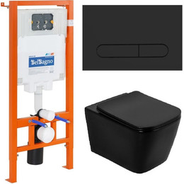 Инсталляция с подвесным безободковым унитазом BelBagno Ardente-C BB3202CHR-MB/BB3202SC-MB/BB002-80/BB007-PR-NERO.M (кнопка смыва Sfera, черный матовый) - фото 