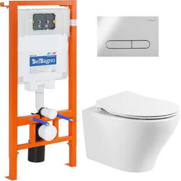 Инсталляция с подвесным безободковым унитазом BelBagno Acqua BB340CHR/BB2020SC/BB002-80/BB005-PR-CHROME (кнопка смыва Prospero, хром) - фото 