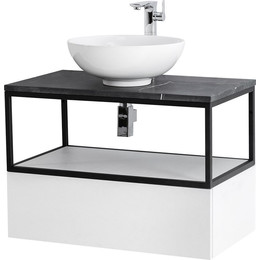 Тумба подвесная со столешницей Cezares CADRO-80-1C-SO-BG-BLUM 80 см, Bianco Ghiaccio/Nero/Marmo Nero Opaco - фото 