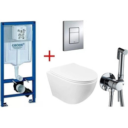 Инсталляция с подвесным унитазом комплект: Grohe Rapid SL 38772001 с подвесным безободковым унитазом Azario Gloria AZ-2003 сиденье микролифт, крепление, кнопка смыва хром + набор для гигиенического душа Haiba HB5511 - фото 