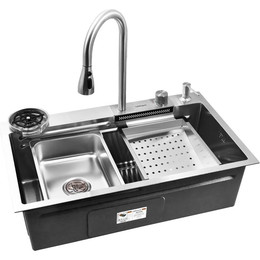 Кухонная мойка Gerhans 75см K37545 3мм, со смесителем, ринзером, коландером и разделочной доской, нержавеющая сталь, Цвет производителя: нержавеющая сталь - фото 