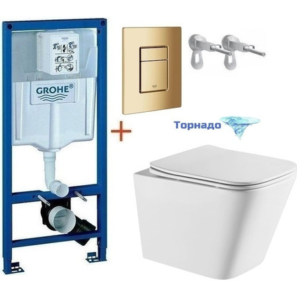 Инсталляция с подвесным унитазом комплект: Grohe Rapid SL 38772001+38732GL0 с подвесным безободковым унитазом Azario Teramo AZ-0052-UQ сиденье микролифт, крепление, кнопка смыва золото глянцевое, Цвет производителя: золото глянцевое - фото 