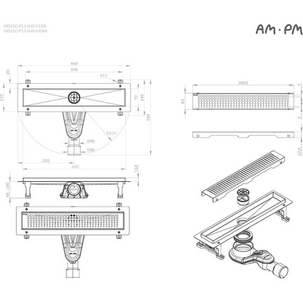 Душевой трап (лоток) 40 AM.PM MasterFlow W01SC-P11-040-01BM комбинированный затвор с черной матовой решеткой, Цвет производителя: чёрный, Размер трапа: 400 - фото 12