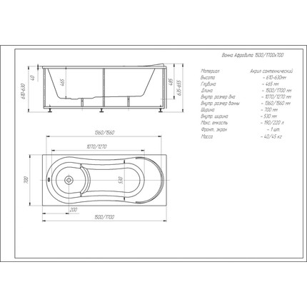 Ванна акриловая Aquatek Афродита 170x70 см AFR170-0000045, Размер - мм: 1700х700 - фото 5