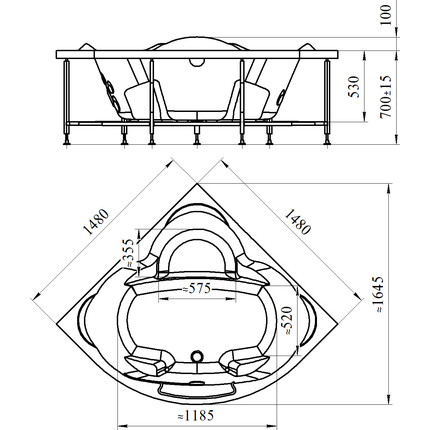 Ванна акриловая Радомир Сорренто 148x148 см (в комплекте каркас и сифон), Размер - мм: 1500х1500 - фото 6