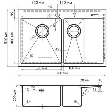 Кухонная мойка Omoikiri AKISAME 78-2-IN-L (4973062) 1,2 мм, нержавеющая сталь, Цвет производителя: нержавеющая сталь матовая - фото 9