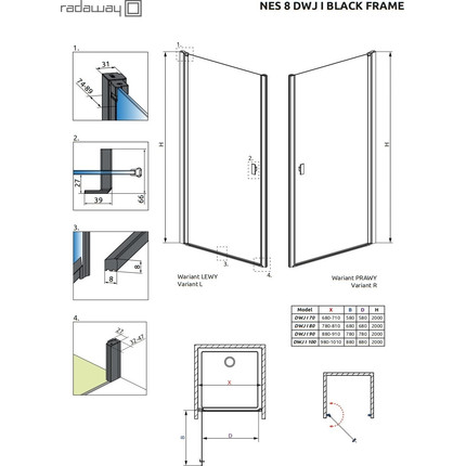 Душевая дверь Radaway Nes 8 Black DWJ I Frame 100 см 10076100-54-56R (стекло 8 мм), черный/прозрачное - фото 6