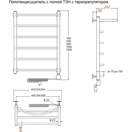 Полотенцесушитель электрический Тругор Браво ТЭН1 с полкой П6 400х800 мм (возможность скрытого подключения) 00-00018676 - фото 5