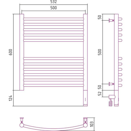 Полотенцесушитель электрический Сунержа Богема 3.0 П11 600x500 мм (выгнутая перемычка) 12-5803-6050 R, белый - фото 5