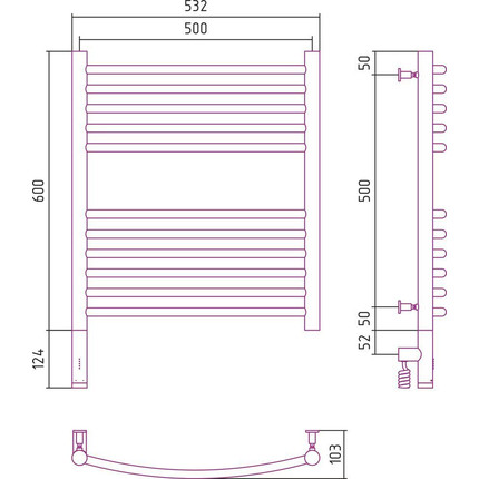 Полотенцесушитель электрический Сунержа Богема 3.0 П11 600x500 мм (выгнутая перемычка) 30-5802-6050 L, белый матовый - фото 5