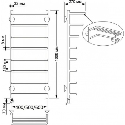 Полотенцесушитель электрический Secado Мерида 2 с полкой П8 500x1000 мм (возможность скрытого подключения) бронза - фото 3