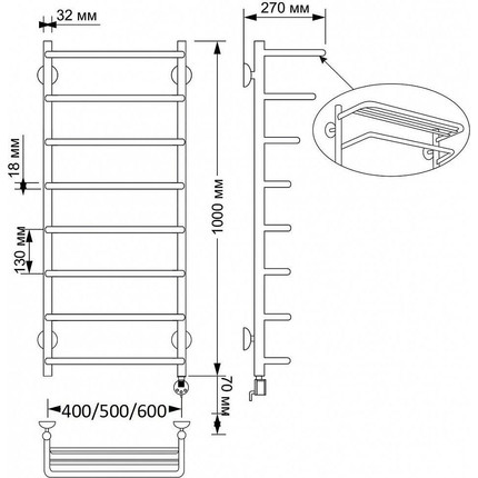 Полотенцесушитель электрический Secado Мерида 2 с полкой П8 500x1000 мм (возможность скрытого подключения) бронза - фото 4