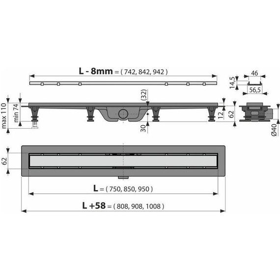 Трап Alcadrain 95 см APZ19-950, нержавеющая сталь (под плитку) - фото 4