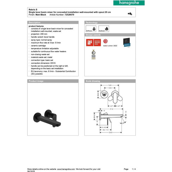 Смеситель для раковины настенный Hansgrohe Rebris S 72528670, чёрный матовый - фото 6