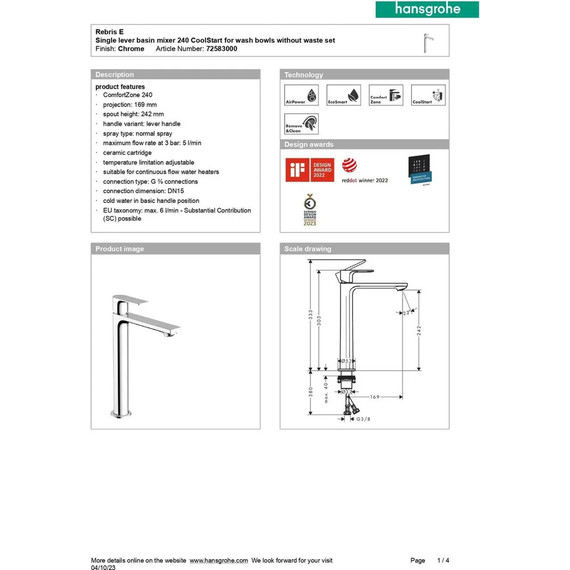 Смеситель для раковины высокий Hansgrohe Rebris E 72583000 - фото 4