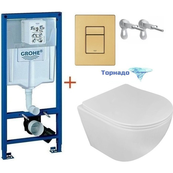 Инсталляция с подвесным унитазом комплект: Grohe Rapid SL 38772001+38732GN0 с подвесным безободковым унитазом Loranto Ester 87265 сиденье микролифт, крепление, кнопка смыва золото матовое, Цвет производителя: золото матовое - фото 