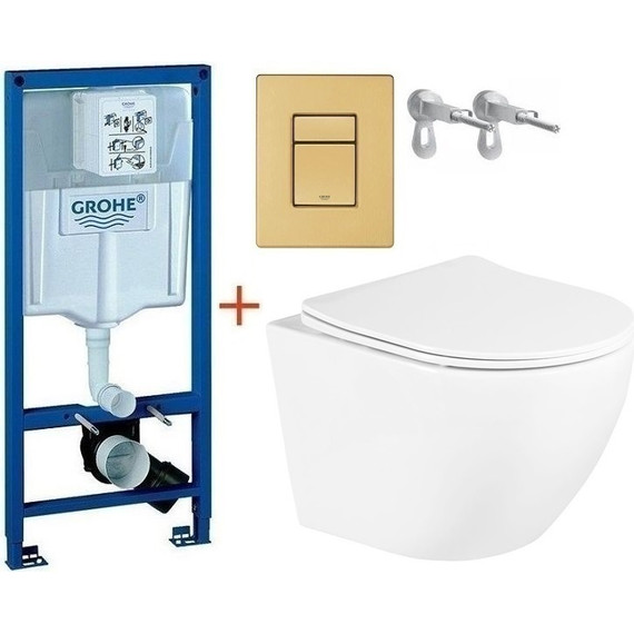 Инсталляция с подвесным унитазом комплект: Grohe Rapid SL 38772001+38732GN0 с подвесным безободковым унитазом BelBagno Uno BB3105CHR/SC сиденье микролифт, крепление, кнопка смыва золото матовое, Цвет производителя: золото матовое - фото 