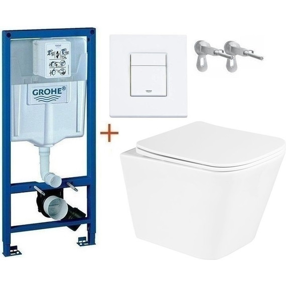 Инсталляция с подвесным унитазом комплект: Grohe Rapid SL 38772001+38732WM0 с подвесным безободковым унитазом BelBagno Due BB3103CHR/SC сиденье микролифт, крепление, кнопка смыва белый матовый, Цвет производителя: белый матовый - фото 