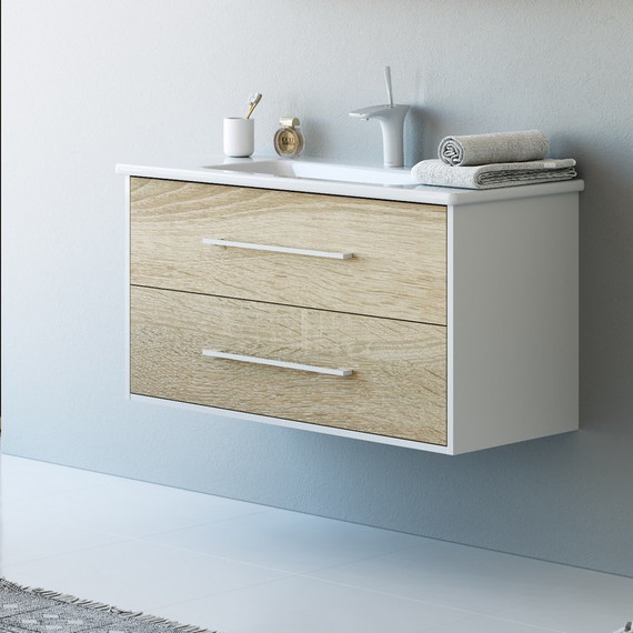 Тумба подвесная с раковиной Aqwella Miami 100 см Mai.01.10, белый/беленый дуб - фото 4