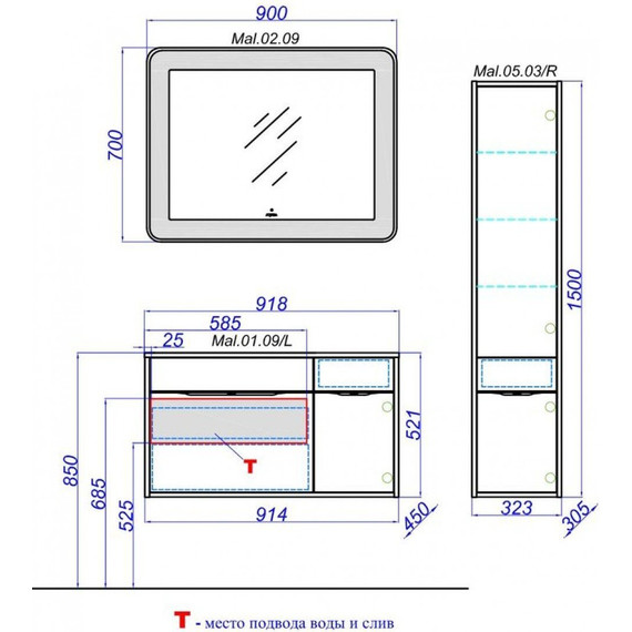 Тумба подвесная с раковиной Aqwella Malaga 90 см Mal.01.09/L, Цвет фасада: белый - фото 8