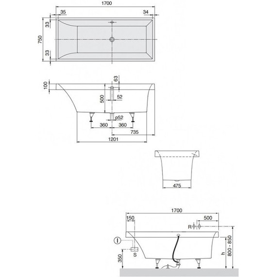 Ванна квариловая V&B Squaro 170х75 см UBQ170SQR2V-01 - фото 3