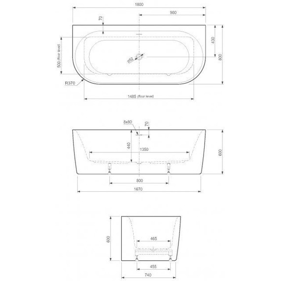 Ванна акриловая Cezares Metauro 180x80 см METAURO-INT-Wall-180-80-60, белый глянцевый - фото 2