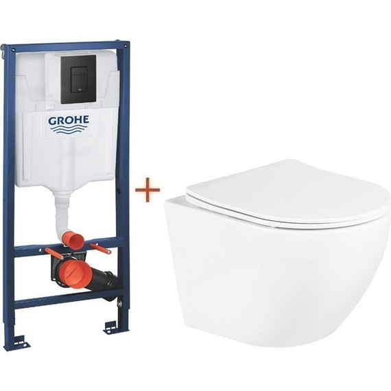 Инсталляция с подвесным унитазом комплект: Grohe Solido 38811KF0 с подвесным безободковым унитазом BelBagno Uno BB3105CHR/SC сиденье микролифт, крепление, кнопка смыва чёрная матовая, Цвет производителя: чёрный матовый - фото 