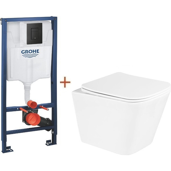 Инсталляция с подвесным унитазом комплект: Grohe Solido 38811KF0 с подвесным безободковым унитазом BelBagno Due BB3103CHR/SC сиденье микролифт, крепление, кнопка смыва чёрная матовая, Цвет производителя: чёрный матовый - фото 