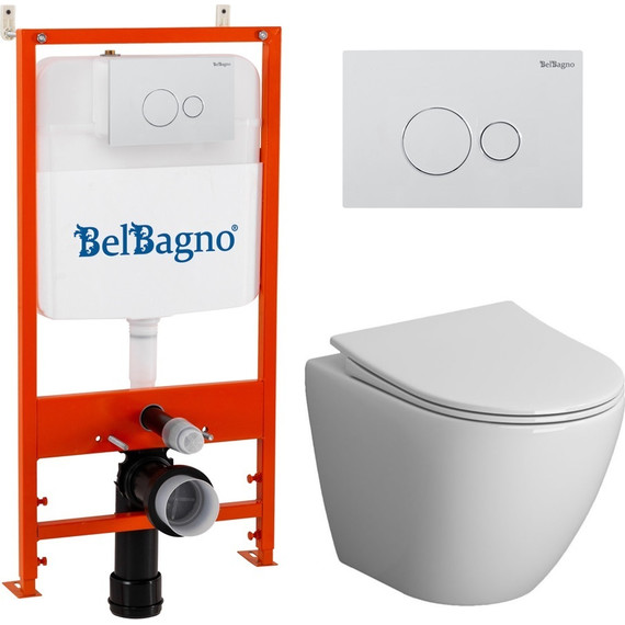 Инсталляция с подвесным унитазом комплект: BelBagno BB026/BB082BL с подвесным безободковым унитазом Niagara Vista NG-9301 сиденье микролифт, крепление, кнопка смыва белый глянцевый - фото 