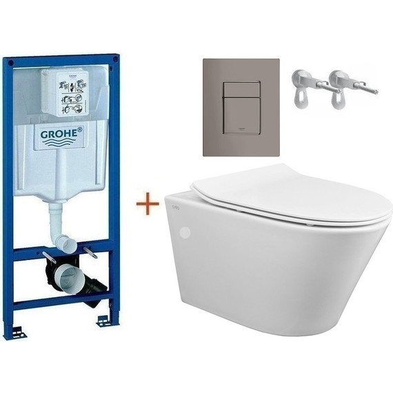 Инсталляция с подвесным унитазом комплект: Grohe Rapid SL 38772001+38732A00 с подвесным безободковым унитазом Creo Ceramique Tornado CR1100NR сиденье микролифт, крепление, кнопка смыва графит глянцевый, Цвет производителя: графит глянцевый - фото 