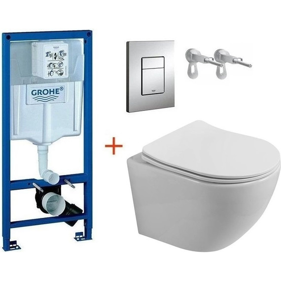 Инсталляция с подвесным унитазом комплект: Grohe Rapid SL 38772001 с подвесным безободковым унитазом BelBagno Uno 2.1 BB7006CHR/SC сиденье микролифт, крепление, кнопка смыва хром - фото 